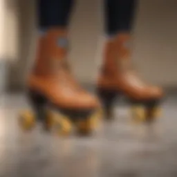 Elegant tan roller skates on marble floor