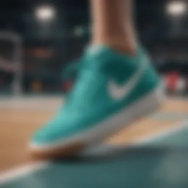 Dynamic Movement: Teal Nike Shoe in Action on Sports Court Teal Nike Shoe in Motion on Sports Court