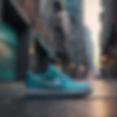 Urban Chic: Teal Nike Shoe Amidst Cityscape Teal Nike Shoe in Urban Setting