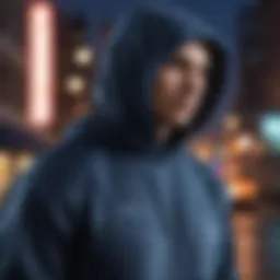 The striking black and blue color scheme of the Champion hoodie showcased against an urban backdrop.