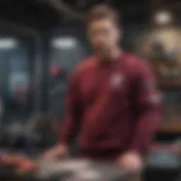 Burgundy crewneck surrounded by extreme sports gear