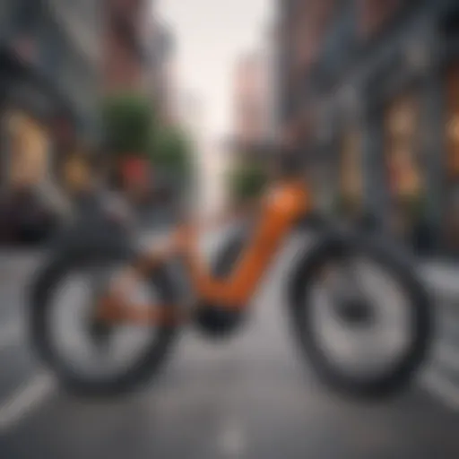 A sleek city commuter ebike parked near a bustling urban street, showcasing its modern design.