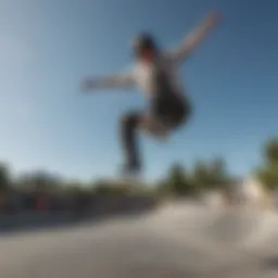 A legendary skateboarder performing an aerial trick in a skate park