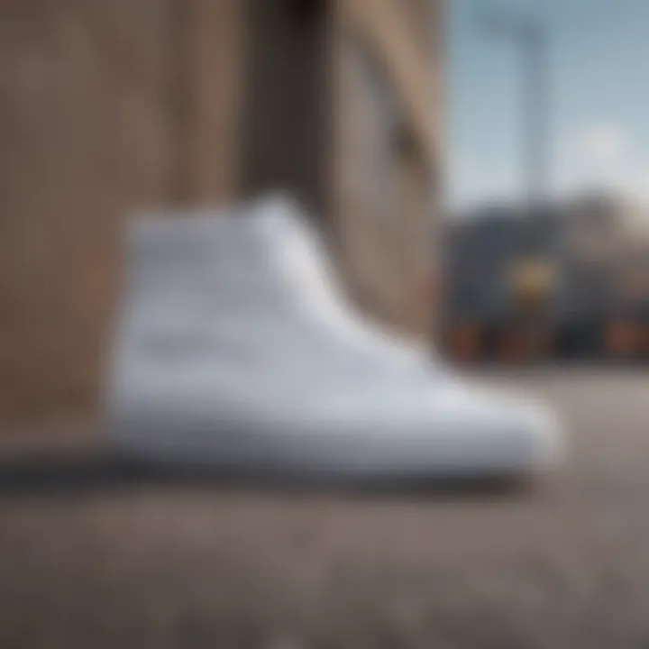 A close-up view of white skate vans on a textured urban surface, showcasing their design and material.