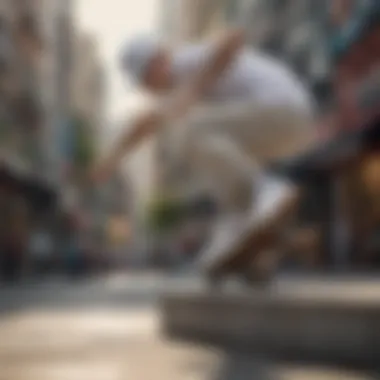 Skateboarder performing a trick while wearing white skate vans, highlighting the shoe's practical use in extreme sports.
