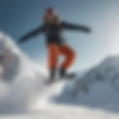 A snowboarder performing a trick mid-air against a snowy backdrop.