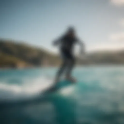 A breathtaking view of a kiteboarder gliding over turquoise waters