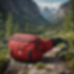 A vibrant red waist bag displayed against a rugged outdoor backdrop