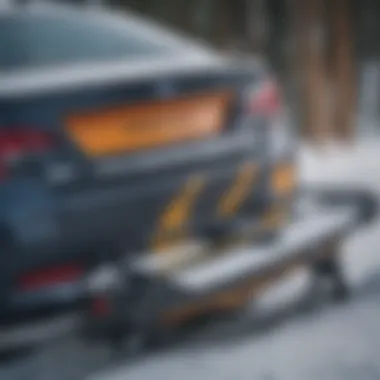 Close-up of a snowboard securely attached to a rack on a Subaru WRX