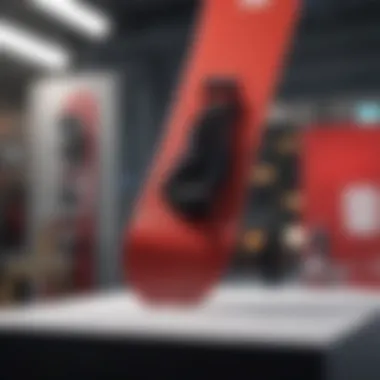 Red Snowboard Showcased at Sports Exhibition Red snowboard displayed at an extreme sports exhibition
