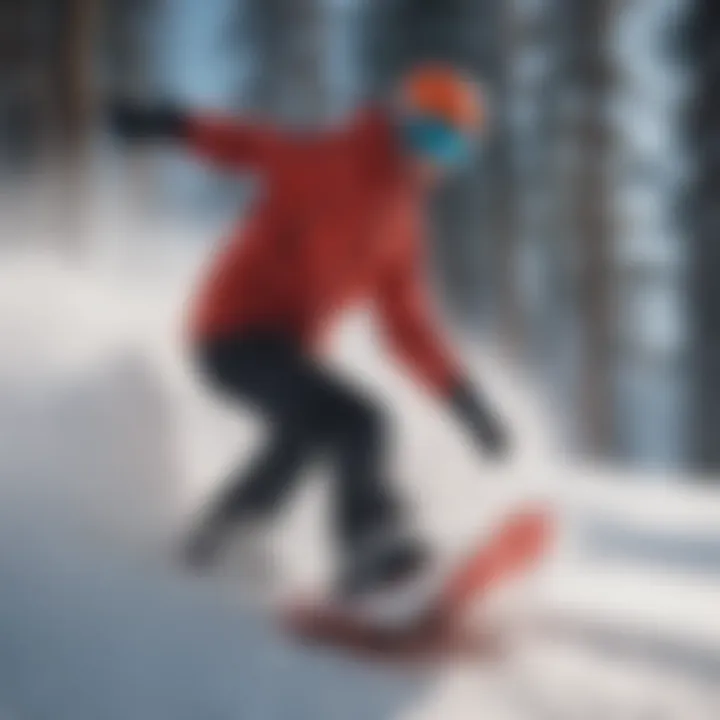 A snowboarder carving through fresh powder with a red snowboard