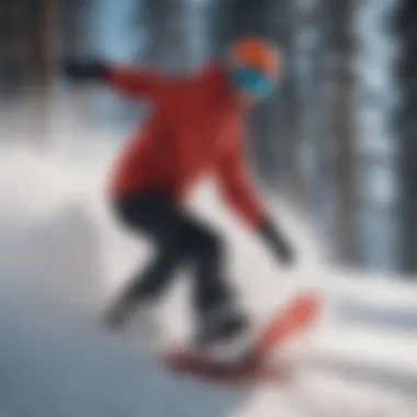 Snowboarder in Action with Red Snowboard A snowboarder carving through fresh powder with a red snowboard