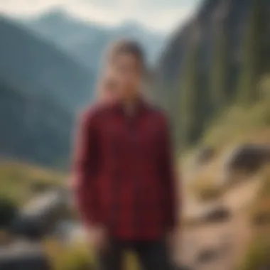 A vibrant red flannel shirt worn during a mountain hike showcasing durability and style.