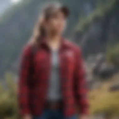 Dynamic outdoor scene featuring a red flannel shirt as part of an extreme sports outfit.