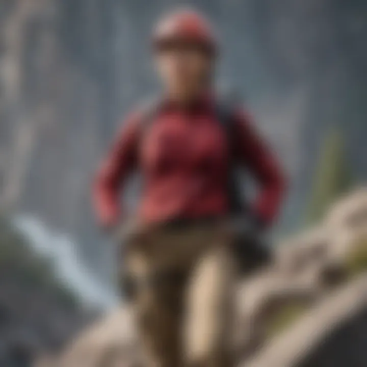 Stylish red flannel shirt combined with outdoor gear for a rock climbing expedition.