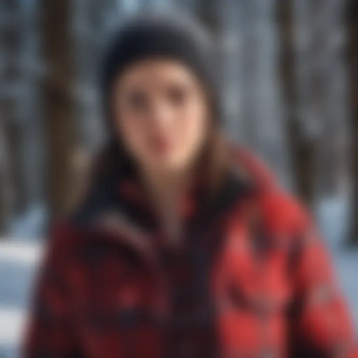 Red flannel shirt layered for warmth during a winter sports outing.