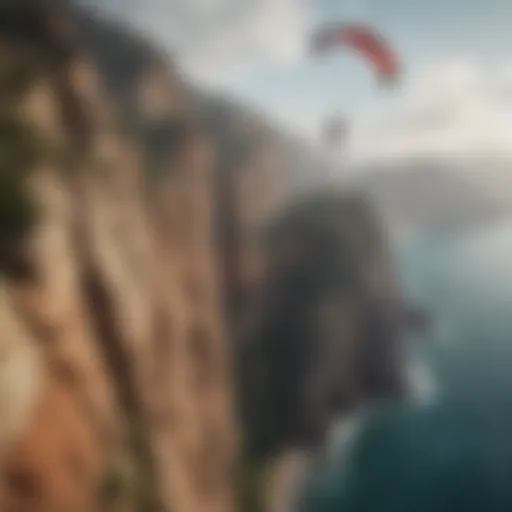 Thrill-seekers leaping off a cliff with parachutes