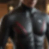 A close-up view of a high-performance wetsuit showcasing its advanced material and stitching.