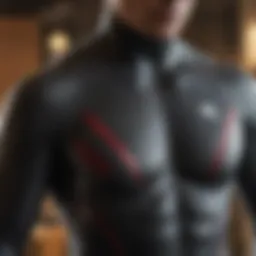 A close-up view of a high-performance wetsuit showcasing its advanced material and stitching.