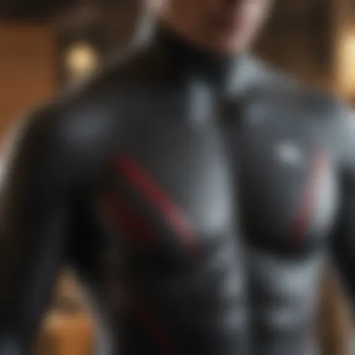 A close-up view of a high-performance wetsuit showcasing its advanced material and stitching.