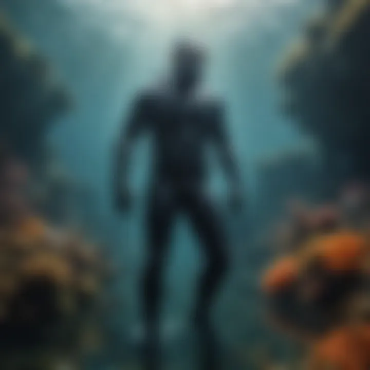 An underwater scene showing a diver in a wetsuit exploring vibrant marine life.