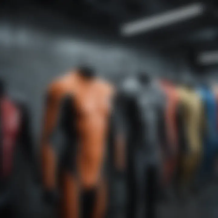 Diverse selection of wetsuits displayed on hangers, highlighting different styles and colors.