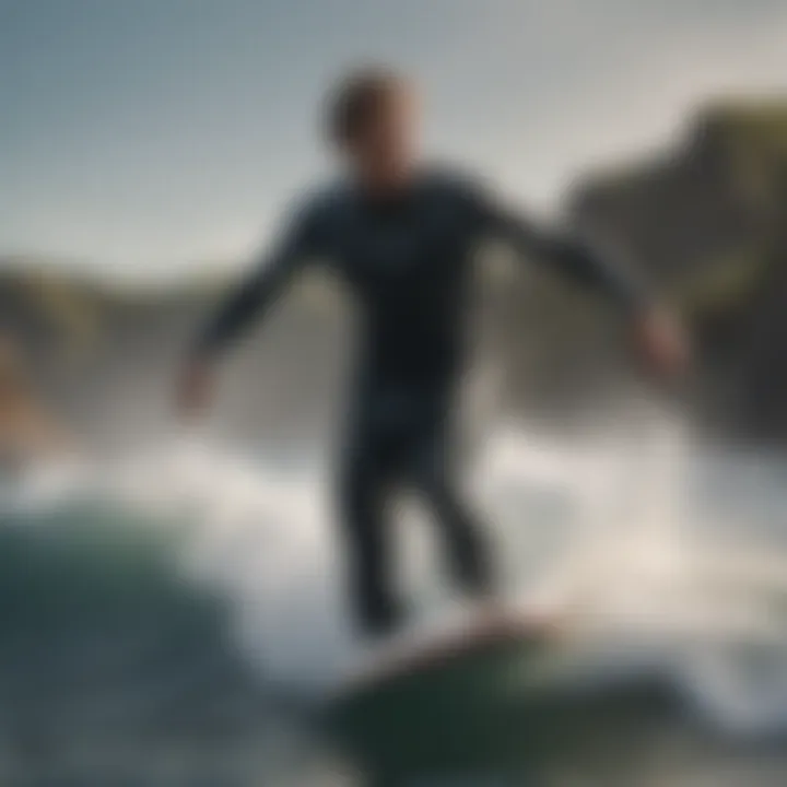 A surfer gracefully riding a wave while wearing a sleek wetsuit, embodying the spirit of extreme sports.