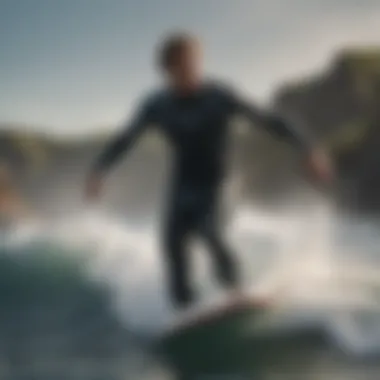 Surfer in Action with Wetsuit A surfer gracefully riding a wave while wearing a sleek wetsuit, embodying the spirit of extreme sports.