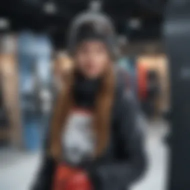 Woman trying on different snowboard sizes at a specialized shop