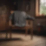 Two-tone long sleeve t-shirt draped over a rustic wooden chair