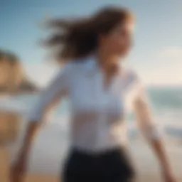 Elegant beach button-up shirt fluttering in ocean breeze
