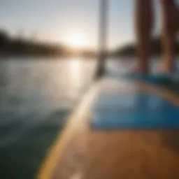 A close-up view of a paddle board showcasing its unique design features.