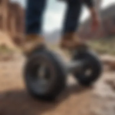 Riding on Rough Terrain with Large Soft Wheels Skateboarder riding on rough terrain with large soft wheels