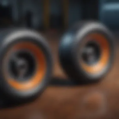 Different types of large soft skateboard wheels displayed in an array