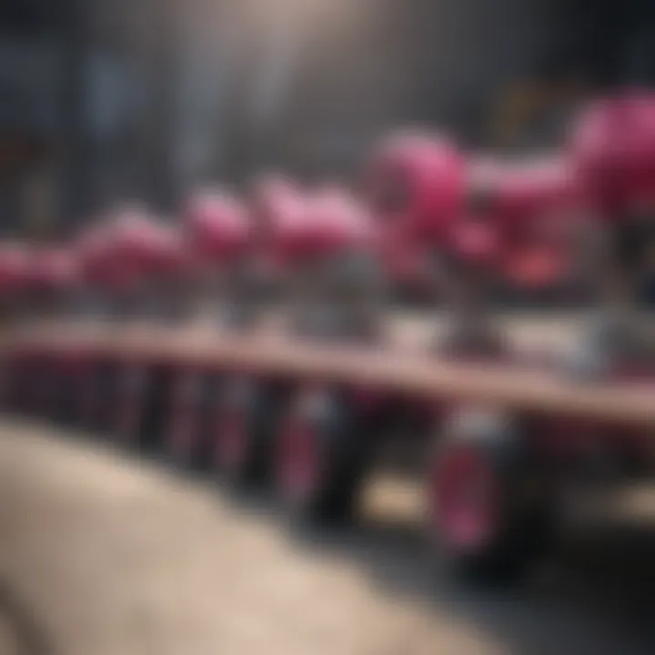 Variety of pink skateboard trucks displayed in a lineup