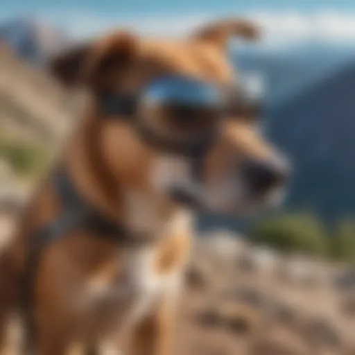 A dog wearing Pit Viper goggles on a mountain trail