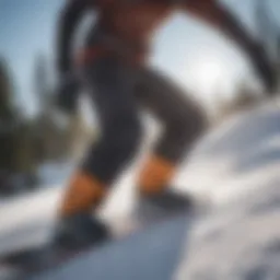 Detailed view of a snowboarder's knee mechanics during a jump