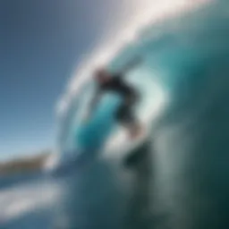 A surfer performing the hang ten maneuver on a vibrant wave