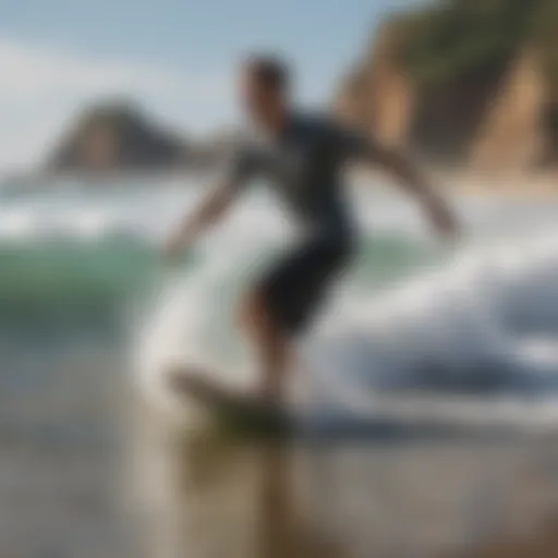 A dynamic skimboarder catching a wave on a sunny beach