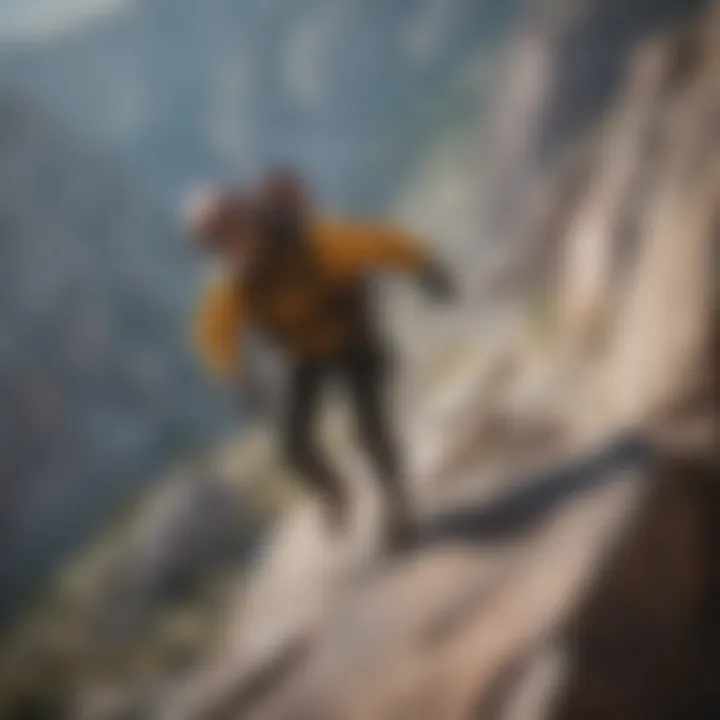 Thrill-seeker conquering a towering rock face