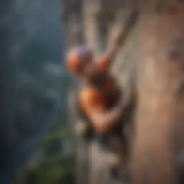 Rock climber conquering a steep cliff face with determination