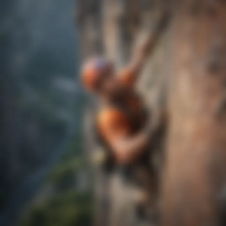 Rock climber conquering a steep cliff face with determination