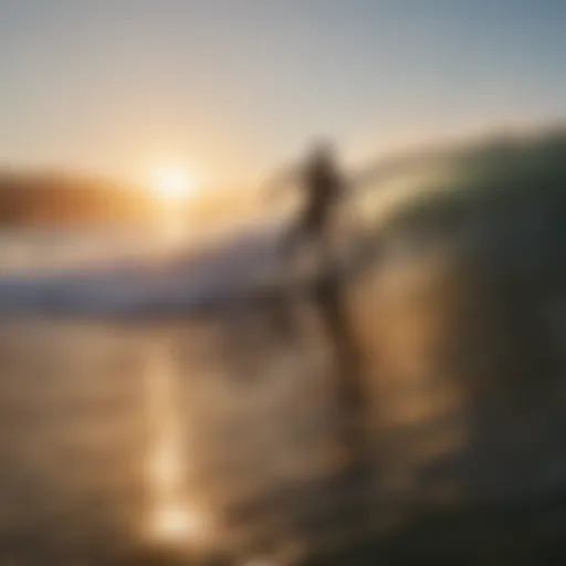 Surfer riding a barrel wave at sunset