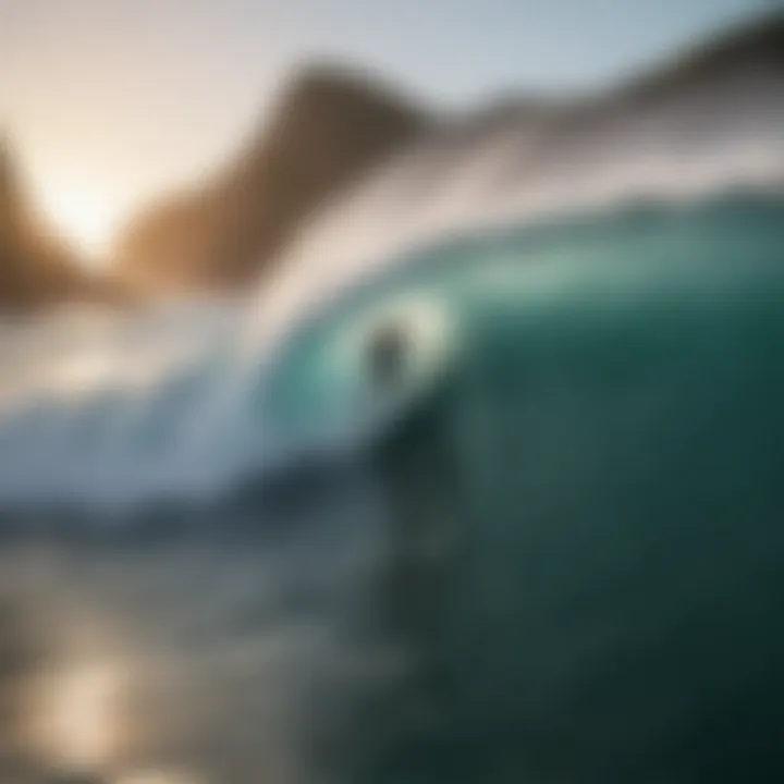 Surfer conquering a massive wave in a secluded bay