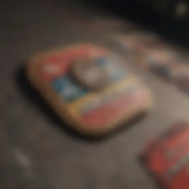 Close-up of iconic skateboard brand logos and patches.