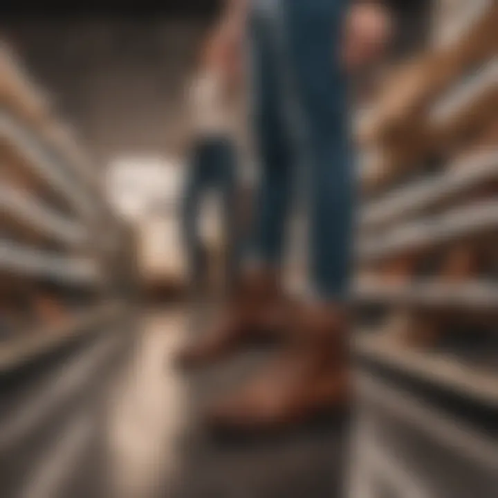 Happy shopper trying on stylish shoes