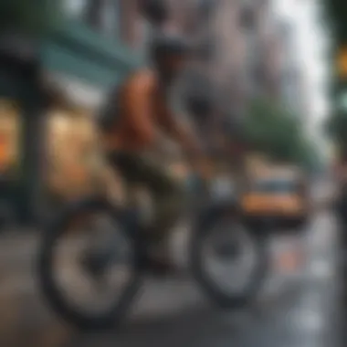 A vibrant urban landscape featuring cyclists on ebikes navigating through traffic.