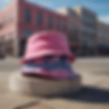 Fashionable pink tie-dye bucket hat in urban street setting