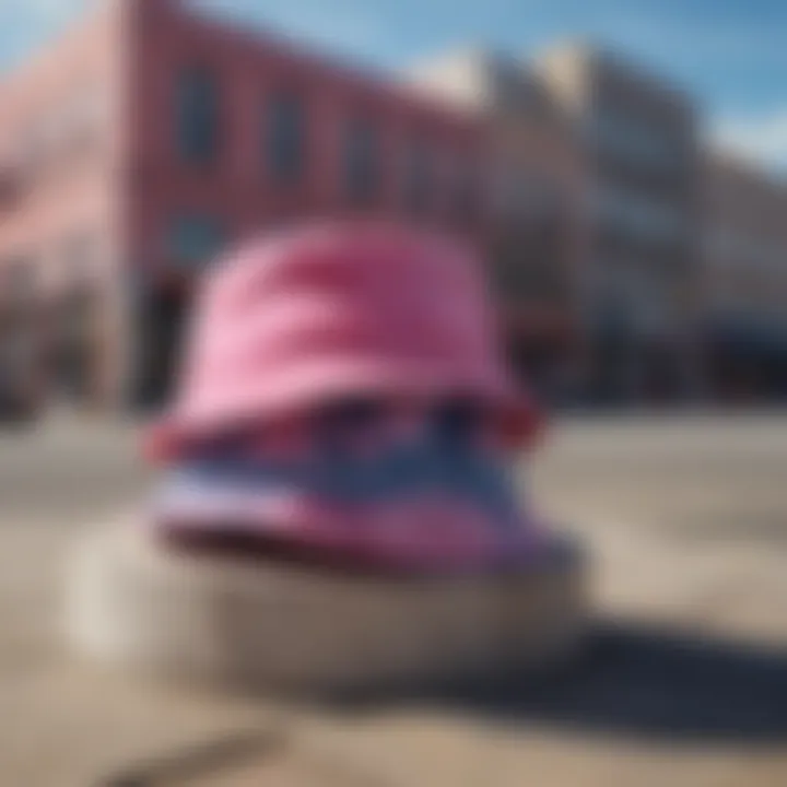 Fashionable pink tie-dye bucket hat in urban street setting