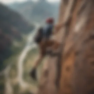 Rock climber scaling a steep cliff wearing Vans Slip-Ons